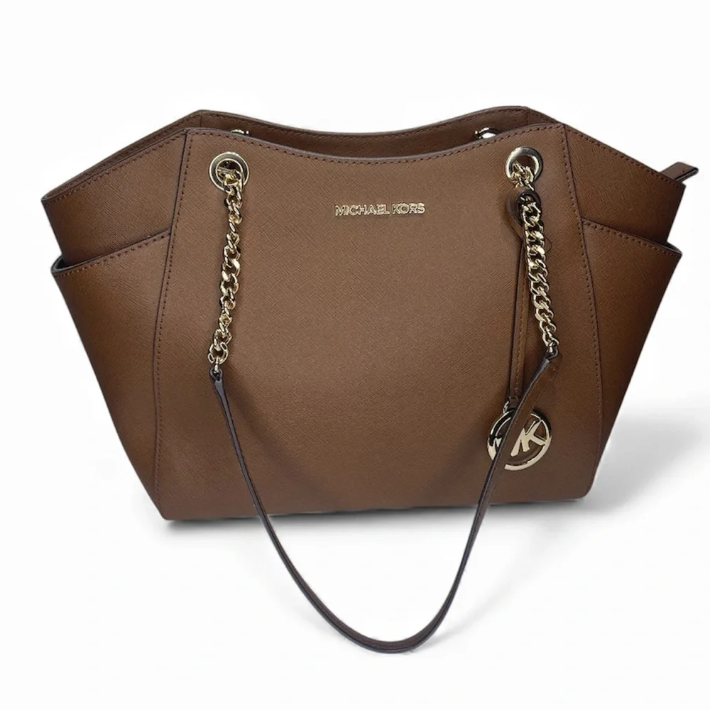 Michael Kors Brown Jet Set Travel Shoulder Gold Chain Leather Tote Bag